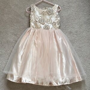 Girls Champagne Pink Floral Embellished Tulle Party Dress